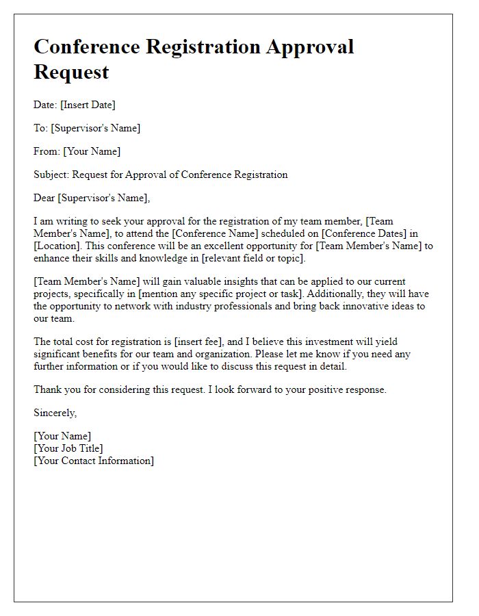 Letter template of conference registration approval request for team member.