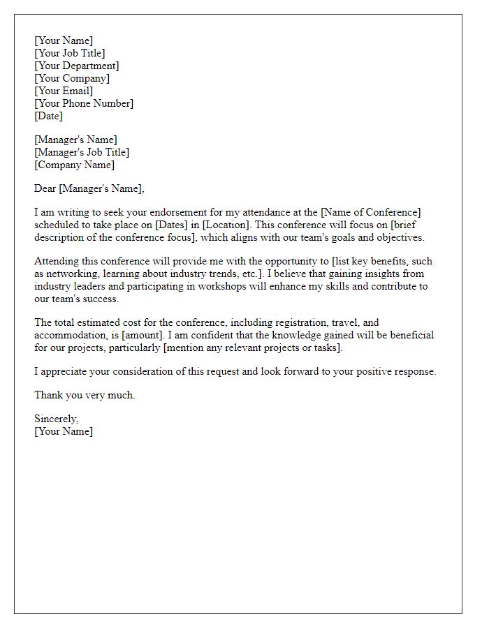 Letter template of employee request for business conference attendance endorsement.