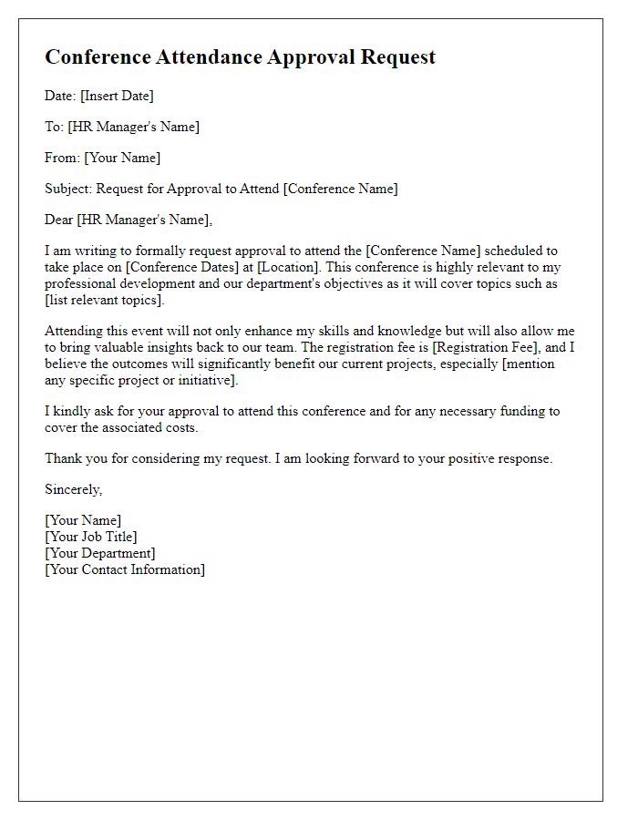 Letter template of formal conference attendance approval request to HR.