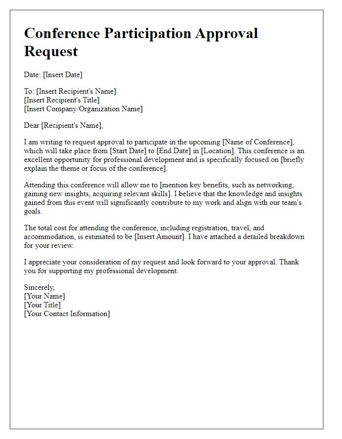 Letter template of professional development conference participation approval request.