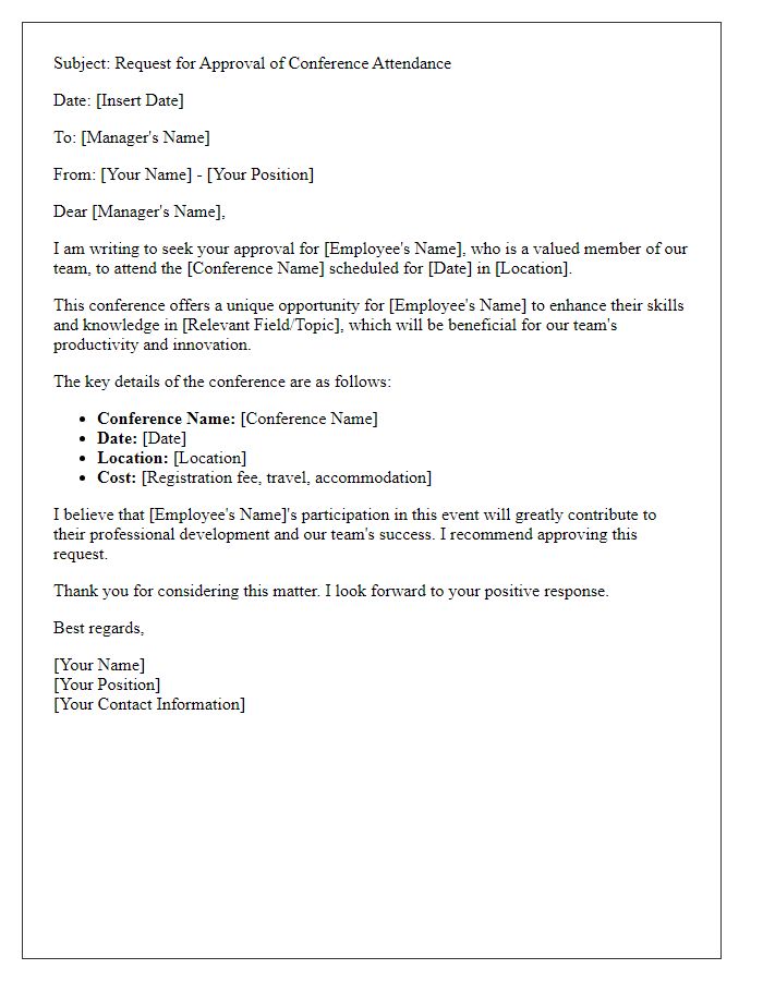 Letter template of supervisor's request for employee conference attendance approval.