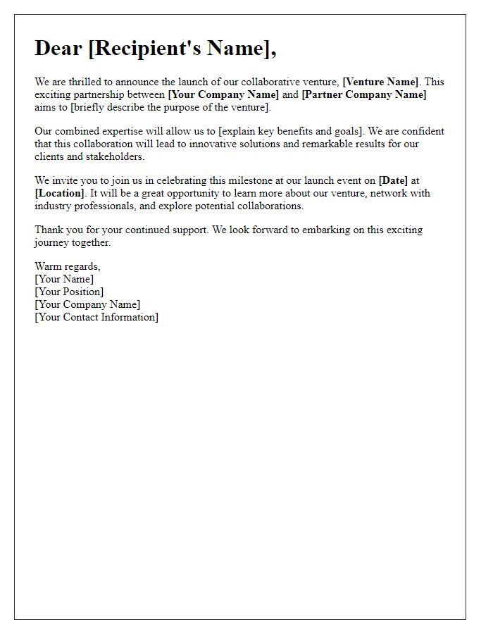 Letter template of collaborative venture launch