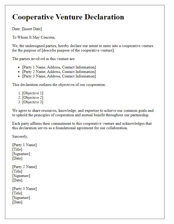 Letter template of cooperative venture declaration