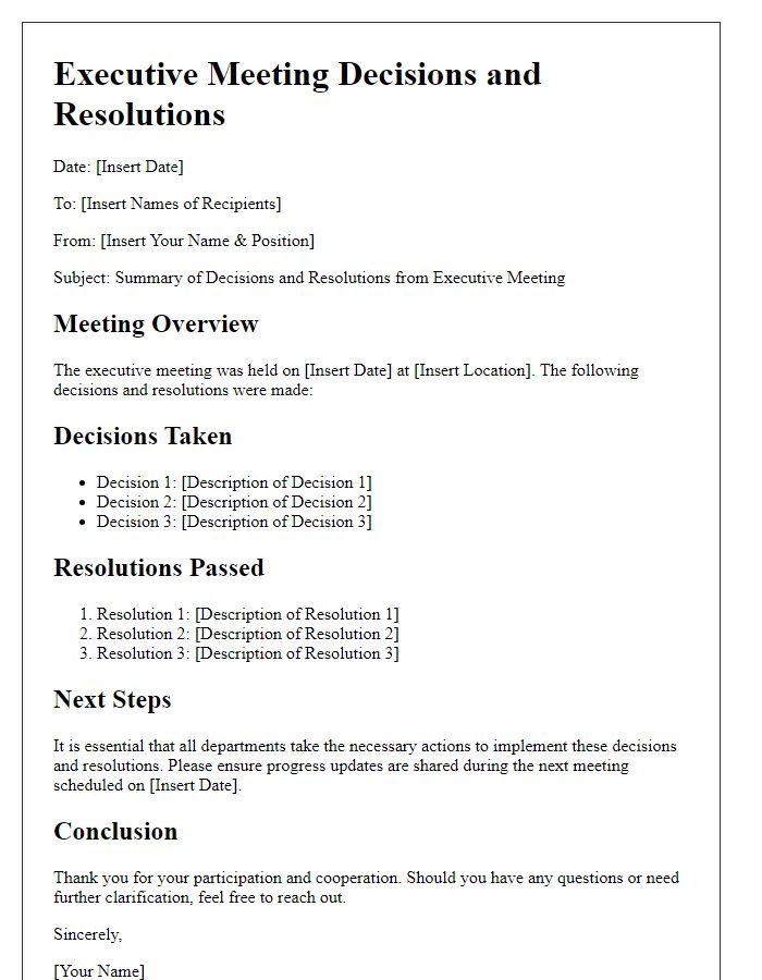 Letter template of executive meeting decisions and resolutions