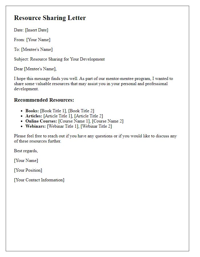 Letter template of resource sharing for mentor-mentee program