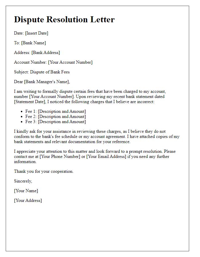 Letter template of bank fee dispute resolution