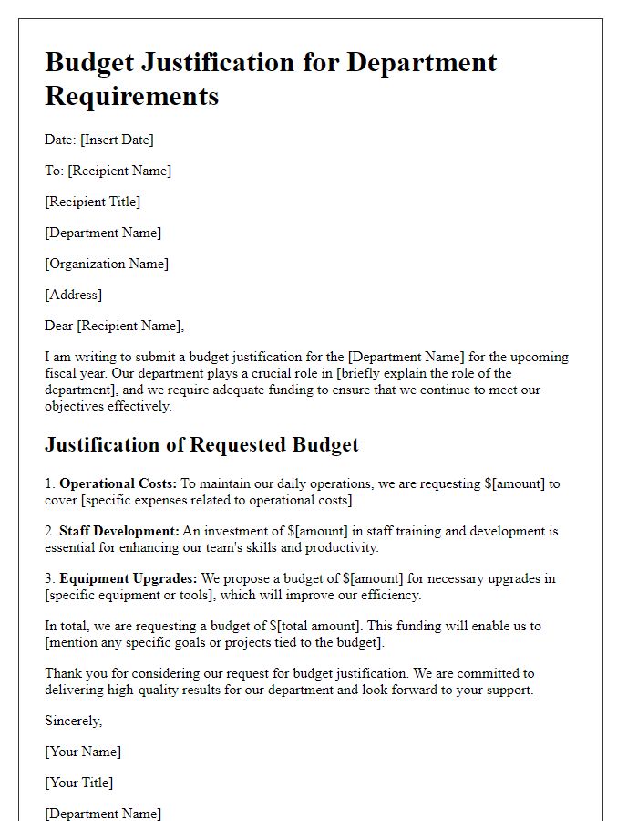 Letter template of budget justification for department requirements