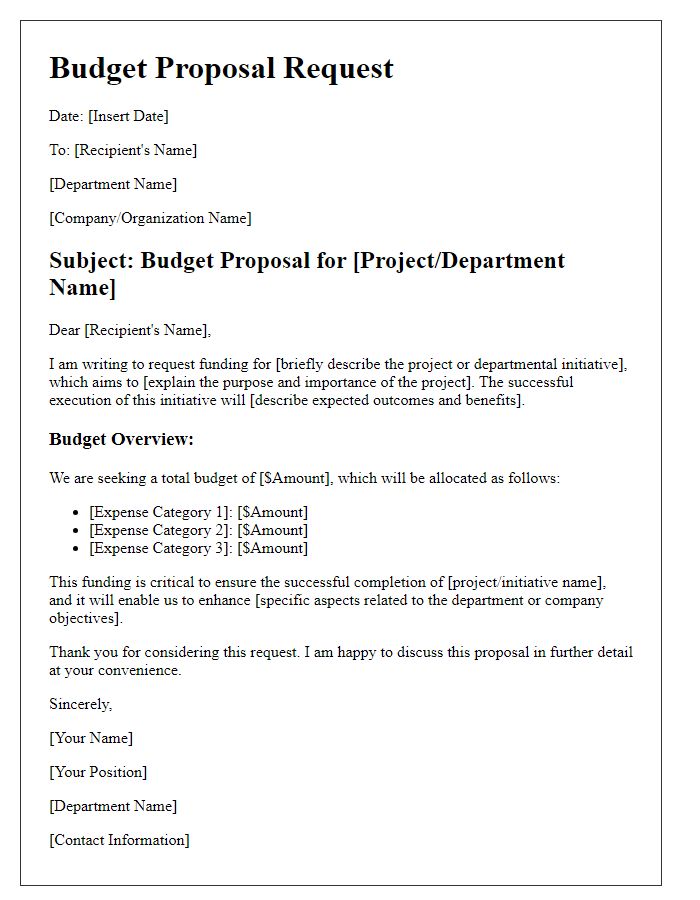 Letter template of budget proposal for departmental funding request