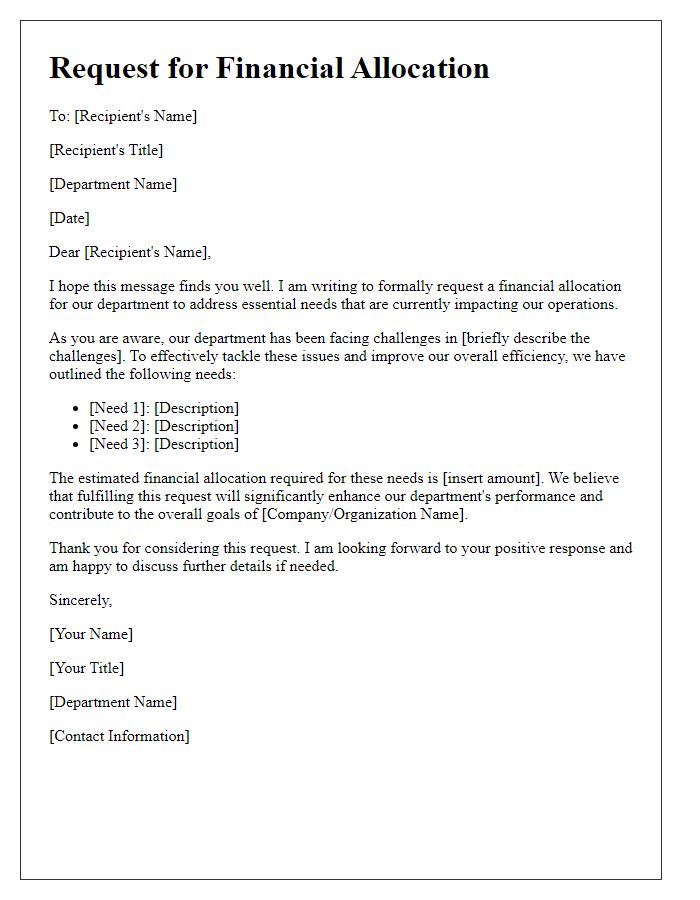 Letter template of financial allocation request for departmental needs