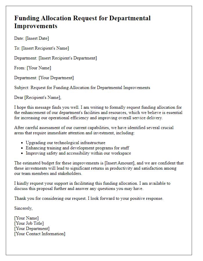 Letter template of funding allocation request for departmental improvements