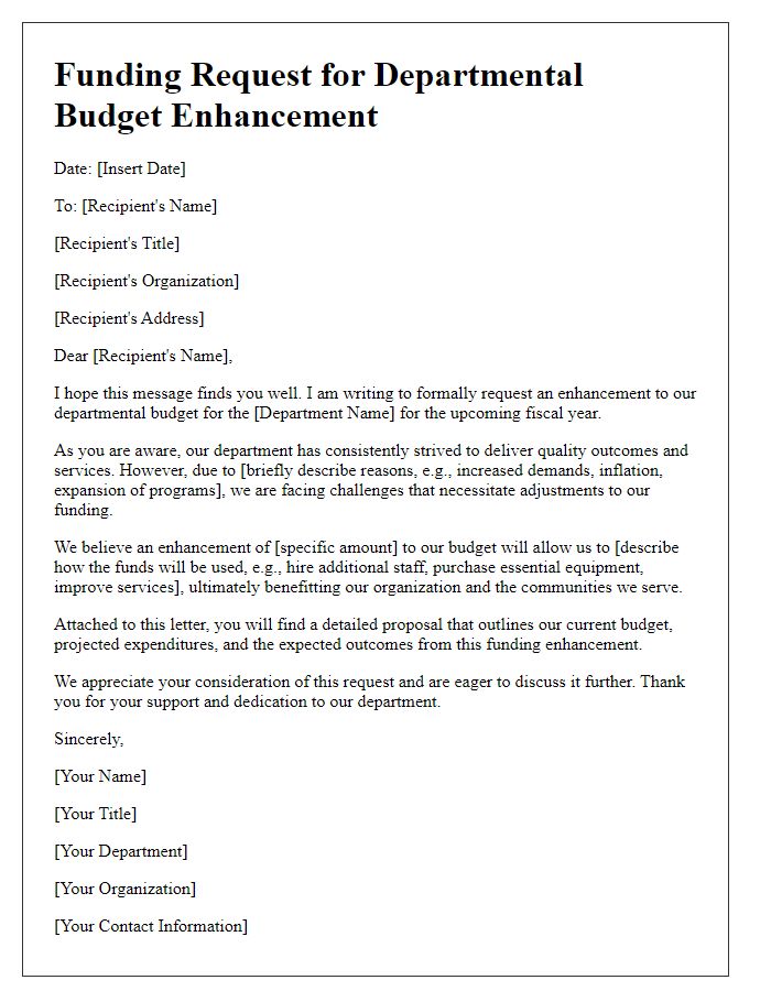 Letter template of funding request for departmental budget enhancement