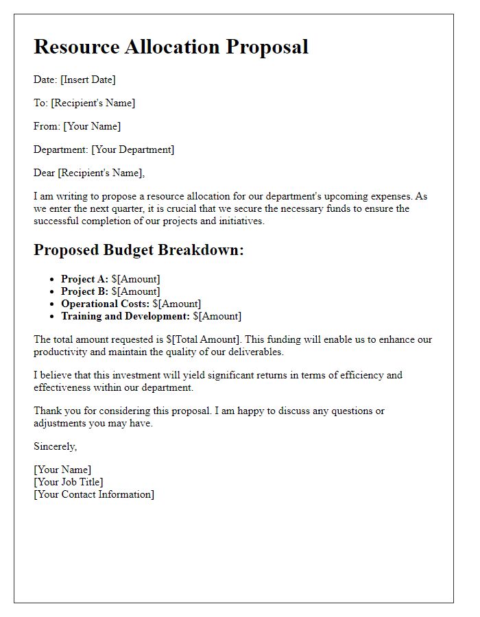 Letter template of resource allocation proposal for department expenses