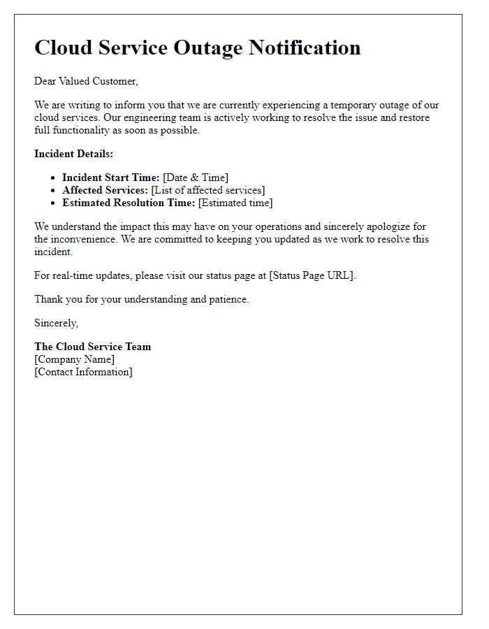 Letter template of cloud service outage alert.