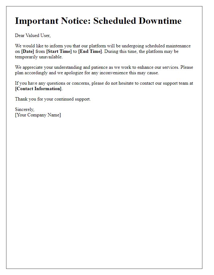 Letter template of platform downtime warning.