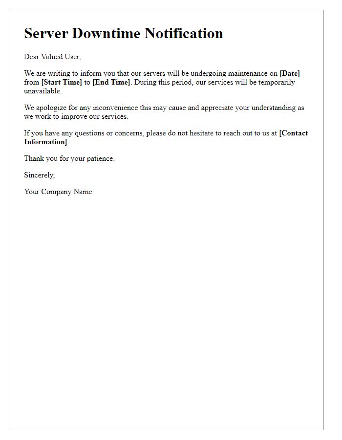 Letter template of server downtime information.
