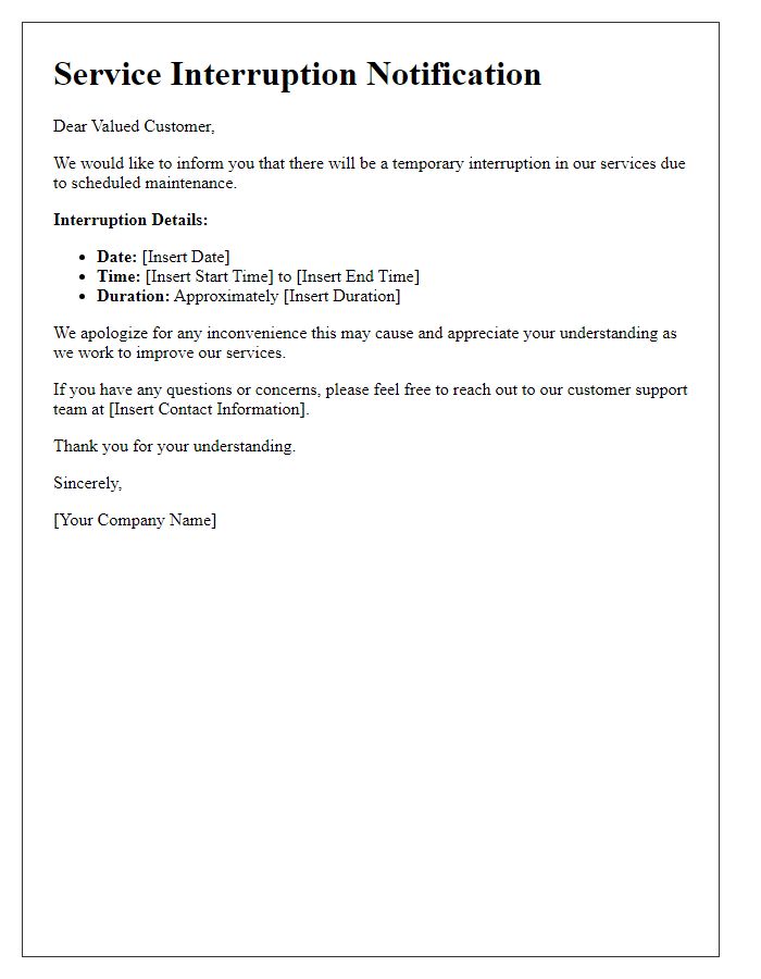 Letter template of service interruption alert.