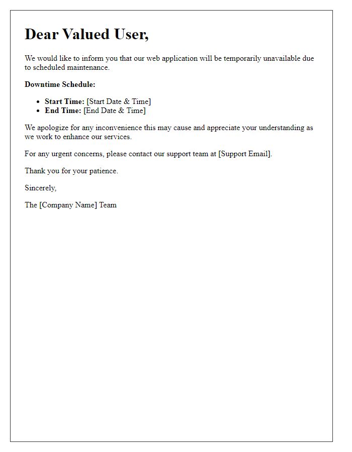 Letter template of web application downtime message.