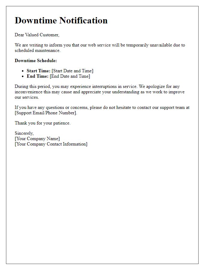 Letter template of web service downtime notification.