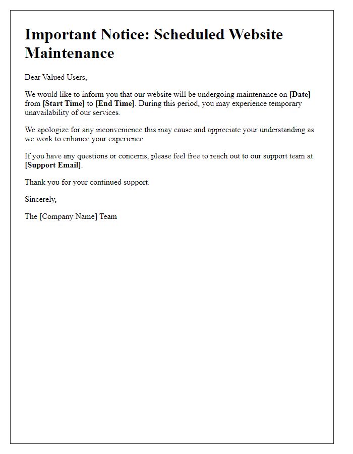 Letter template of website outage announcement.