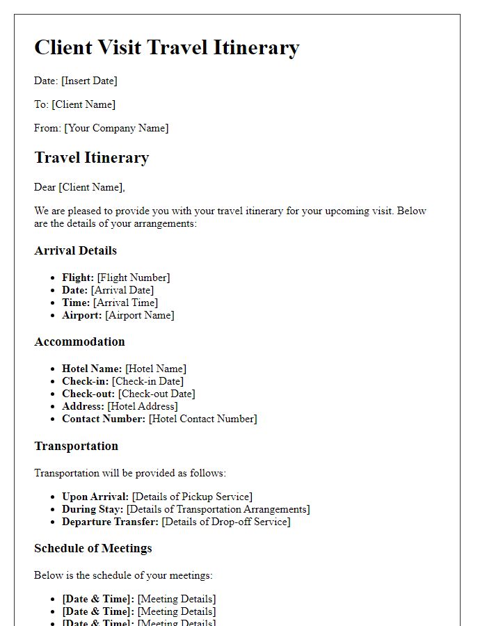 Letter template of client visit travel itinerary for hospitality arrangements