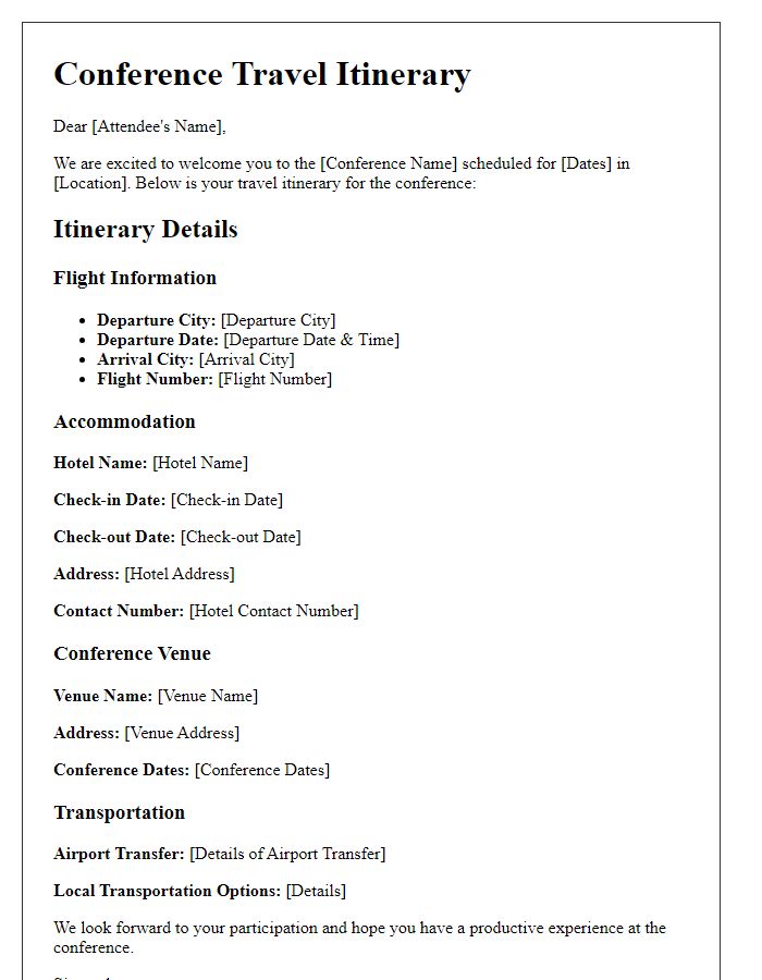 Letter template of conference travel itinerary for attendees