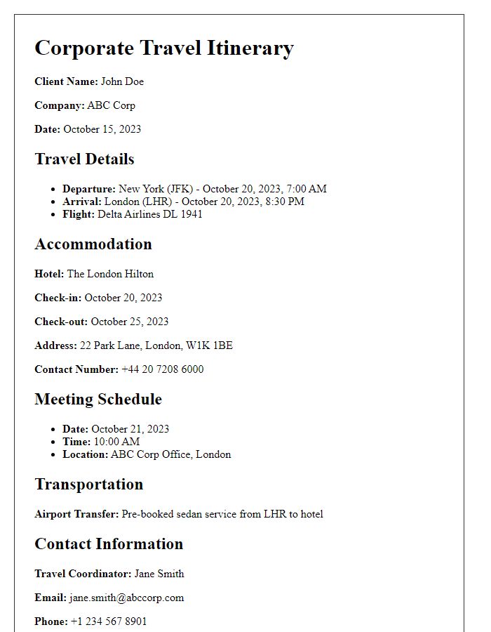 Letter template of corporate travel itinerary for international clients