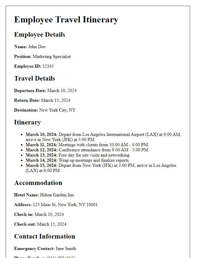 Letter template of employee travel itinerary for internal use