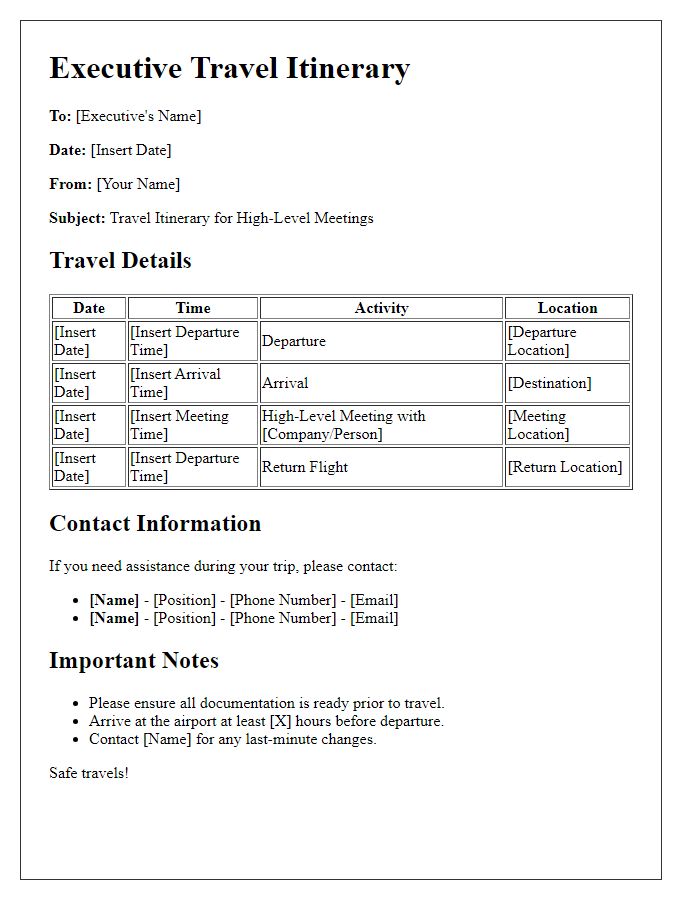 Letter template of executive travel itinerary for high-level meetings