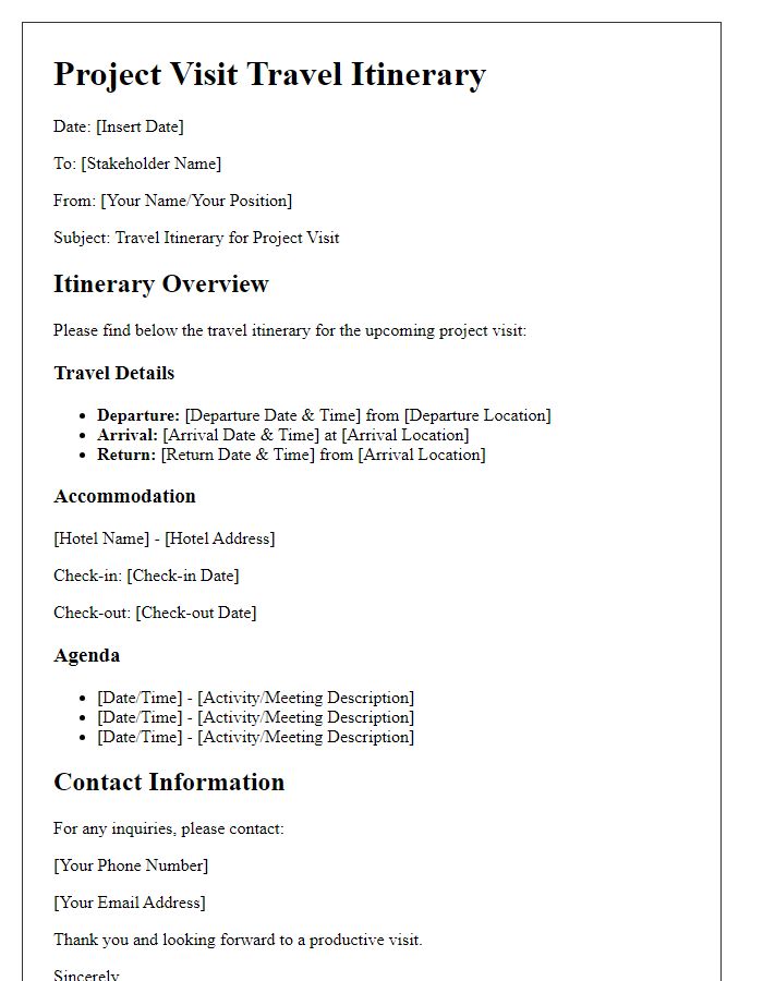 Letter template of project visit travel itinerary for stakeholders