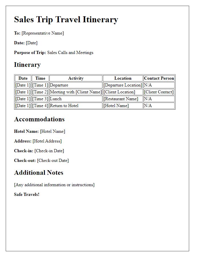 Letter template of sales trip travel itinerary for field representatives