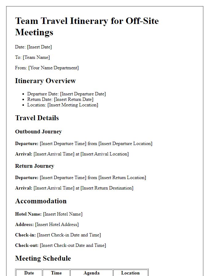 Letter template of team travel itinerary for off-site meetings