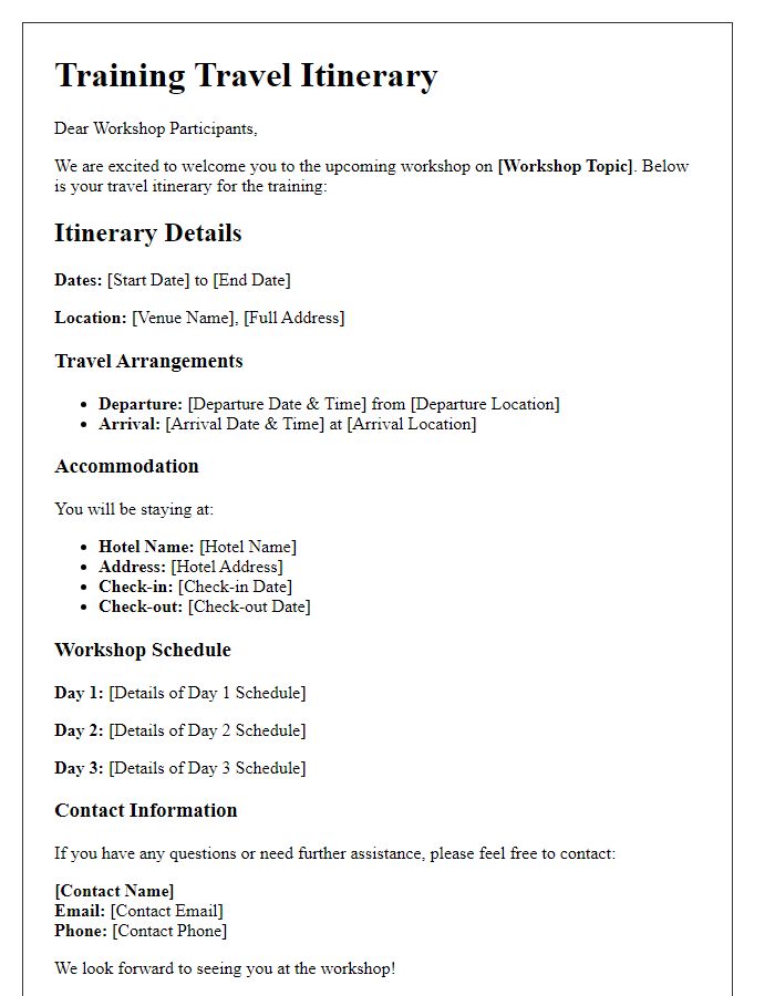 Letter template of training travel itinerary for workshop participants