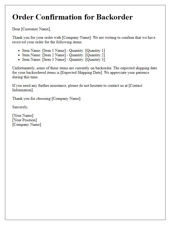 Letter template of inventory order confirmation for backorders