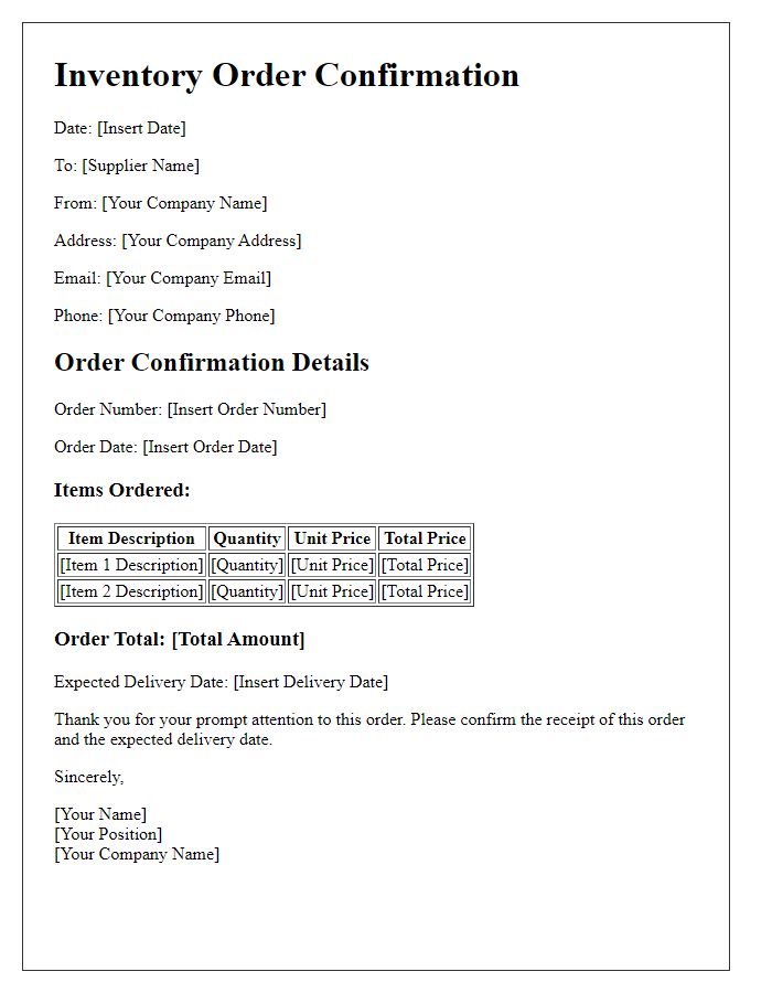 Letter template of inventory order confirmation for bulk purchases