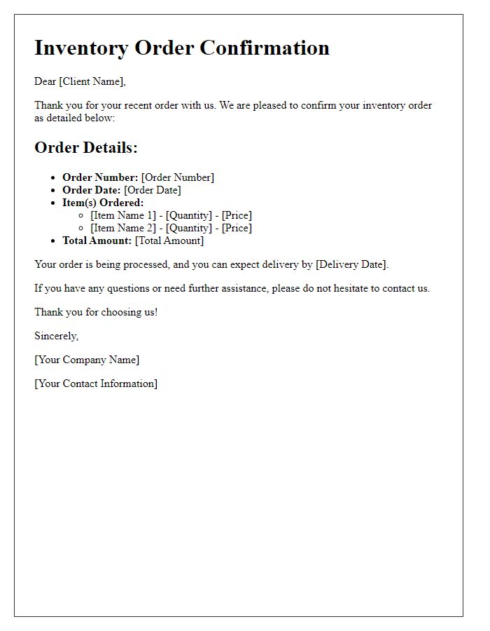 Letter template of inventory order confirmation for clients