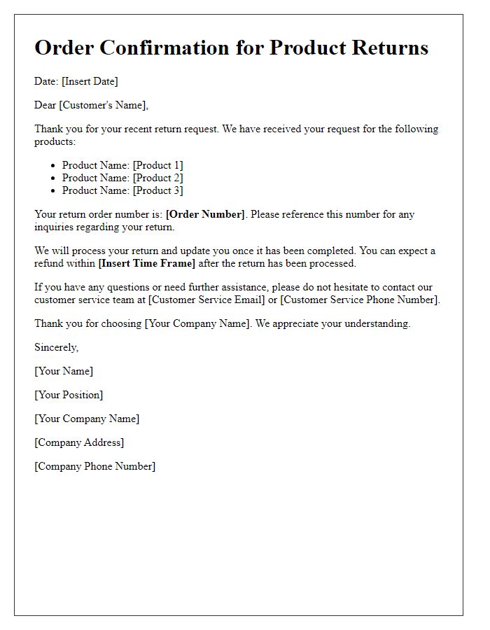 Letter template of inventory order confirmation for product returns