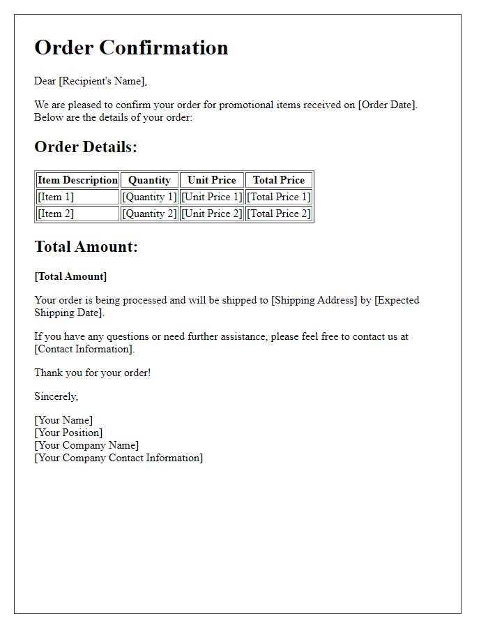 Letter template of inventory order confirmation for promotional items