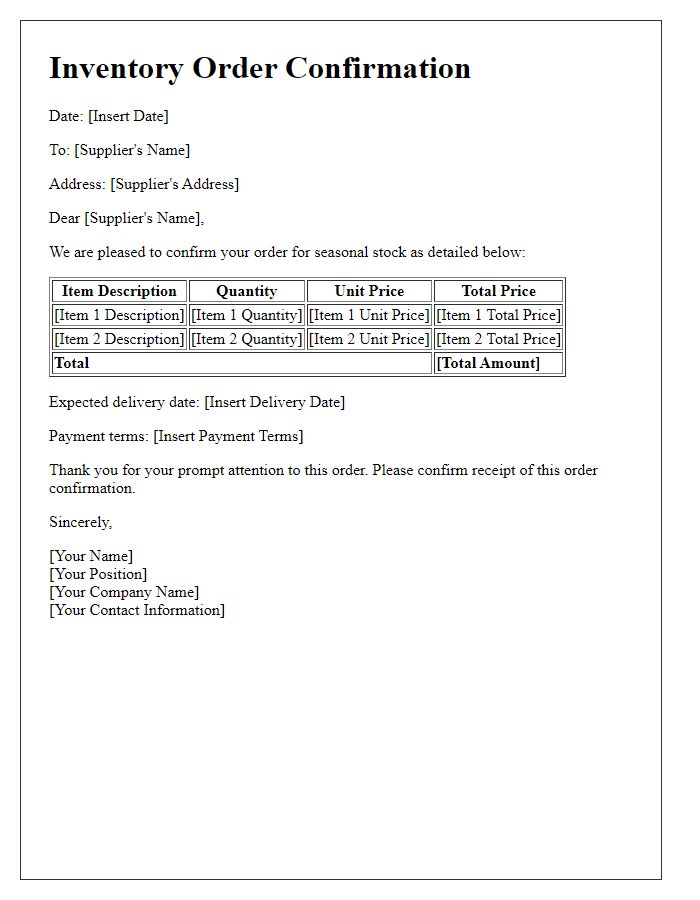 Letter template of inventory order confirmation for seasonal stock