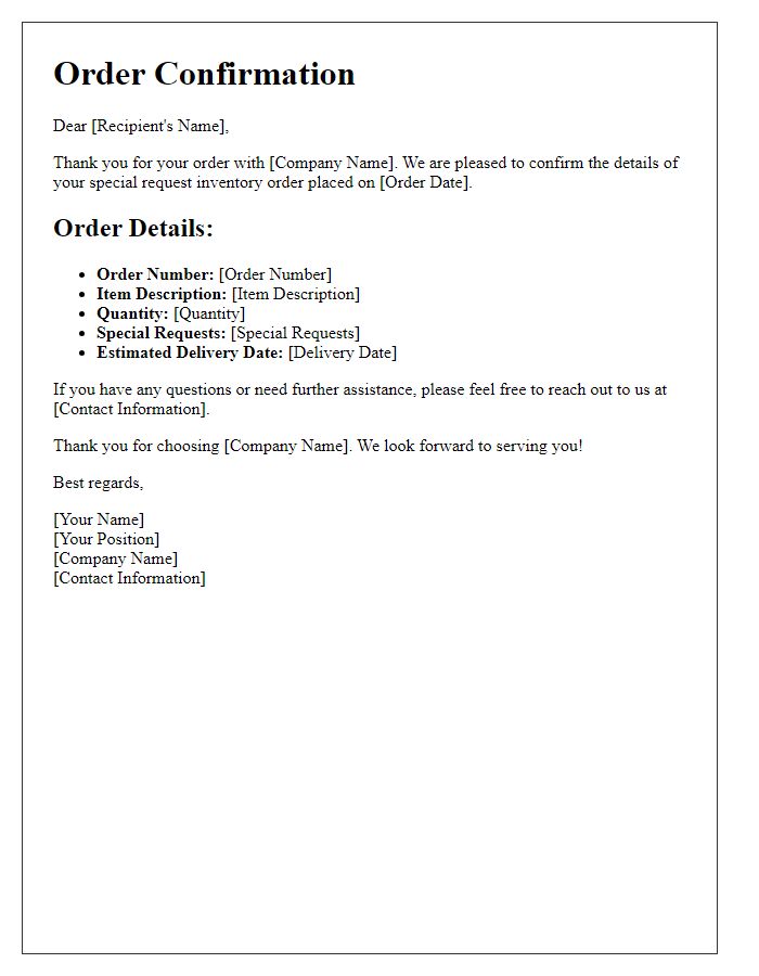 Letter template of inventory order confirmation for special requests