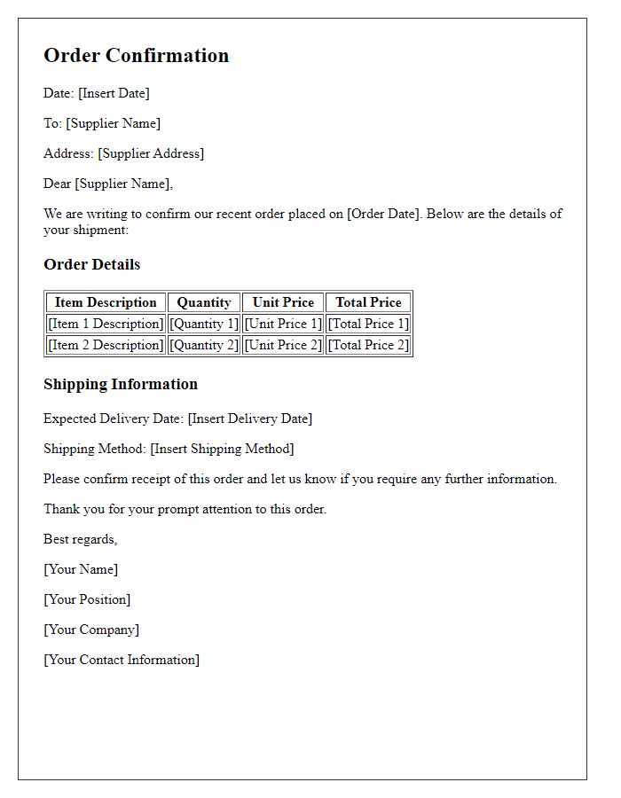 Letter template of inventory order confirmation for suppliers