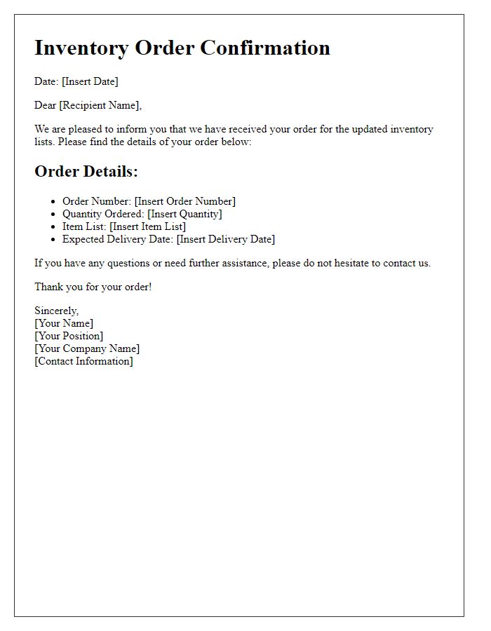 Letter template of inventory order confirmation for updated inventory lists