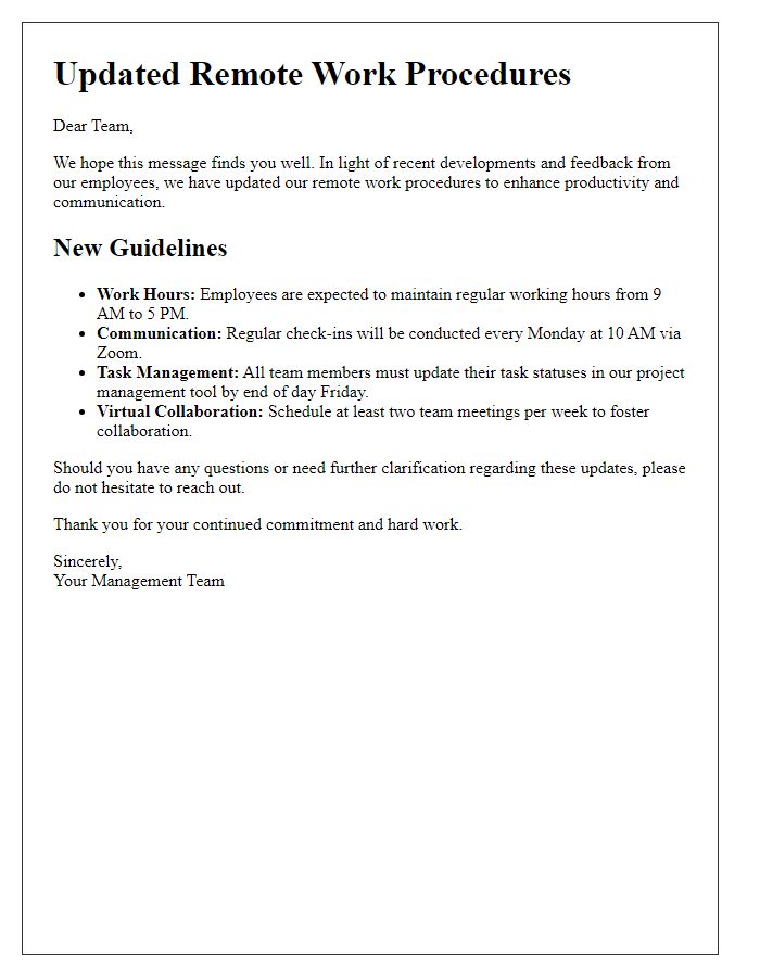 Letter template of updated remote work procedures