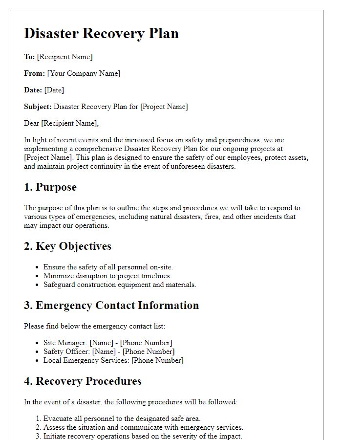 Letter template of disaster recovery plan for construction companies