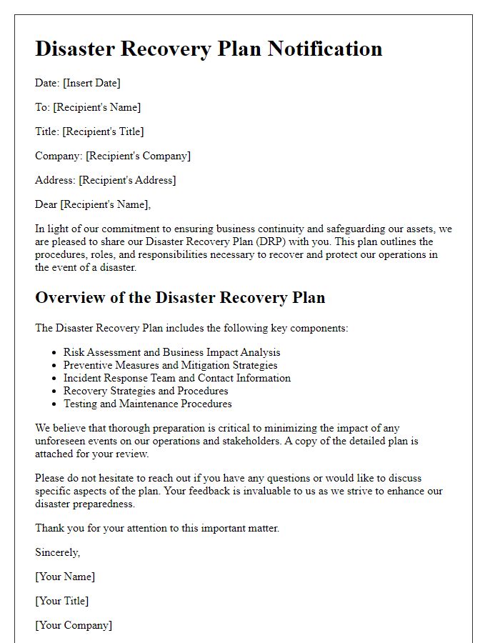 Letter template of disaster recovery plan for corporate enterprises