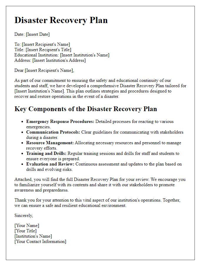 Letter template of disaster recovery plan for educational institutions