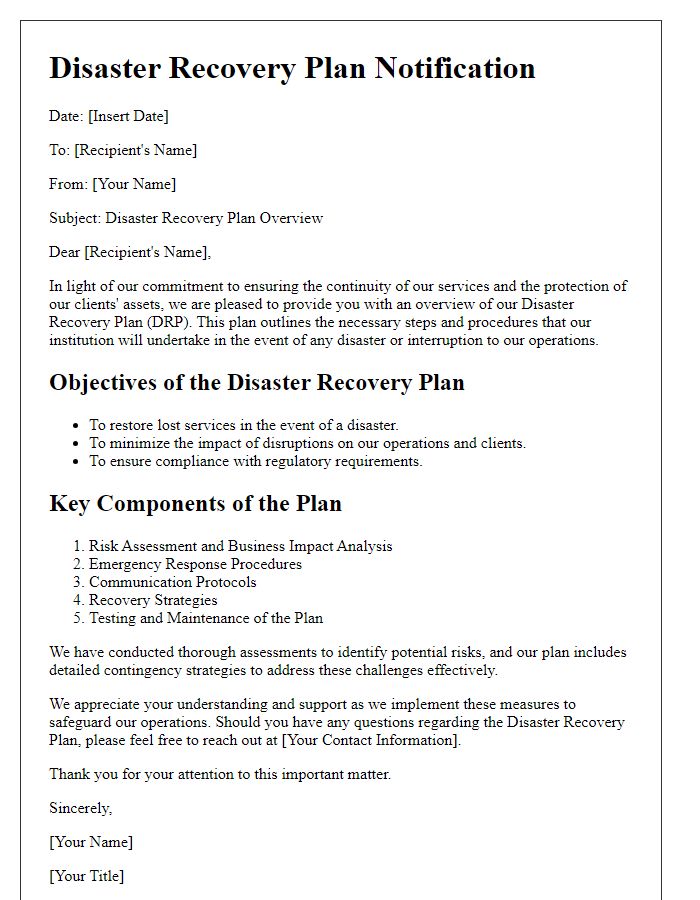 Letter template of disaster recovery plan for financial institutions