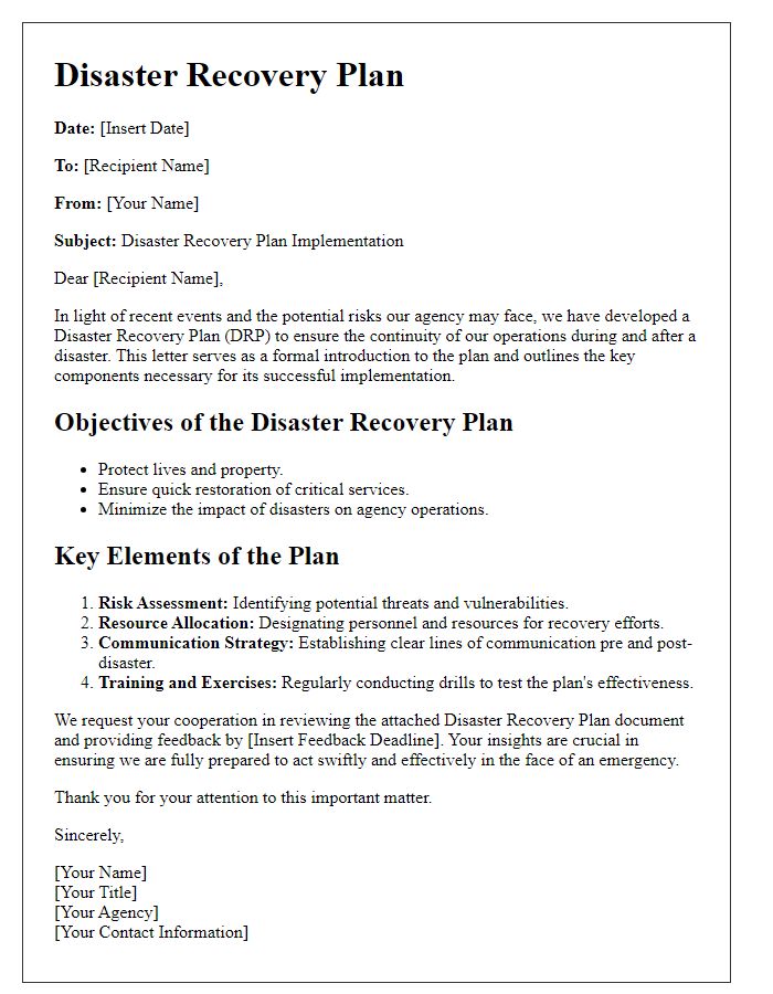 Letter template of disaster recovery plan for government agencies