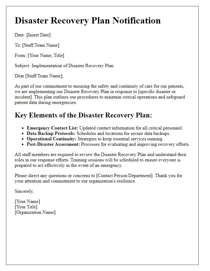 Letter template of disaster recovery plan for healthcare organizations