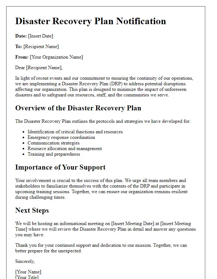 Letter template of disaster recovery plan for non-profit organizations