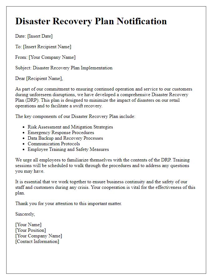 Letter template of disaster recovery plan for retail businesses